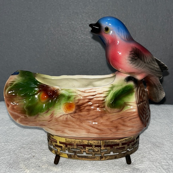 ♥️Vintage California Pottery Songbird on a log Ceramic Planter #209 MCM - Picture 5 of 7